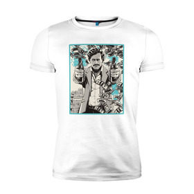 Мужская футболка премиум с принтом Пабло Эскобар в Санкт-Петербурге, 92% хлопок, 8% лайкра | приталенный силуэт, круглый вырез ворота, длина до линии бедра, короткий рукав | narco | доллары | оружие