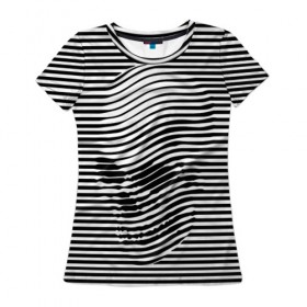 Женская футболка 3D с принтом Череп в Санкт-Петербурге, 100% полиэфир ( синтетическое хлопкоподобное полотно) | прямой крой, круглый вырез горловины, длина до линии бедер | art | optical | skull | stripes | vest | искусство | оптическое | полосы | тельняшка | череп