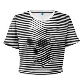 Женская футболка 3D укороченная с принтом Череп в Санкт-Петербурге, 100% полиэстер | круглая горловина, длина футболки до линии талии, рукава с отворотами | art | optical | skull | stripes | vest | искусство | оптическое | полосы | тельняшка | череп