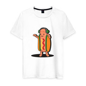 Мужская футболка хлопок с принтом Танцующий хот-дог snapchat в Санкт-Петербурге, 100% хлопок | прямой крой, круглый вырез горловины, длина до линии бедер, слегка спущенное плечо. | 