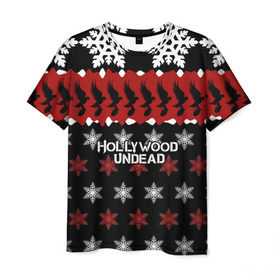 Мужская футболка 3D с принтом Праздничный Hollywood Undead в Санкт-Петербурге, 100% полиэфир | прямой крой, круглый вырез горловины, длина до линии бедер | charlie scene | danny | funny man | hollywood | j dog | johnny 3 tears | undead | андед | голивуд | голливудская | группа | знак | кранккор | красный | метал | надпись | нежить | новогодний | новый год | ню | праздник | реп | рождество