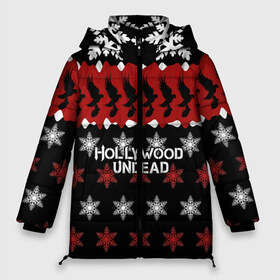 Женская зимняя куртка 3D с принтом Праздничный Hollywood Undead в Санкт-Петербурге, верх — 100% полиэстер; подкладка — 100% полиэстер; утеплитель — 100% полиэстер | длина ниже бедра, силуэт Оверсайз. Есть воротник-стойка, отстегивающийся капюшон и ветрозащитная планка. 

Боковые карманы с листочкой на кнопках и внутренний карман на молнии | charlie scene | danny | funny man | hollywood | j dog | johnny 3 tears | undead | андед | голивуд | голливудская | группа | знак | кранккор | красный | метал | надпись | нежить | новогодний | новый год | ню | праздник | реп | рождество