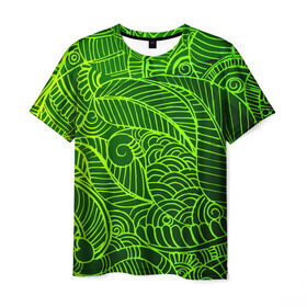 Мужская футболка 3D с принтом зеленые узоры в Санкт-Петербурге, 100% полиэфир | прямой крой, круглый вырез горловины, длина до линии бедер | green | абстракция | арт | восток | геометрия | зелень | индия | орнамент | роспись | узоры | цветы