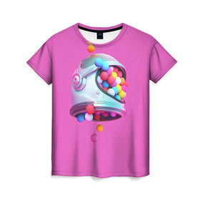 Женская футболка 3D с принтом Colorful balls в Санкт-Петербурге, 100% полиэфир ( синтетическое хлопкоподобное полотно) | прямой крой, круглый вырез горловины, длина до линии бедер | balls | colorful | helmet | pink | колорит | космонавт | космос | розовый | скафандр | цвет | шарики | шары | шлем