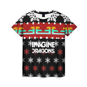 Женская футболка 3D с принтом Праздничный Imagine Dragons в Санкт-Петербурге, 100% полиэфир ( синтетическое хлопкоподобное полотно) | прямой крой, круглый вырез горловины, длина до линии бедер | альтернативный | американская | группа | драгонс | имеджин | инди | индирок | новогодний | поп | рождество | рок | свитер | электроник