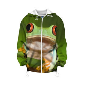 Детская куртка 3D с принтом Лягушка в Санкт-Петербурге, 100% полиэстер | застежка — молния, подол и капюшон оформлены резинкой с фиксаторами, по бокам — два кармана без застежек, один потайной карман на груди, плотность верхнего слоя — 90 г/м2; плотность флисового подклада — 260 г/м2 | Тематика изображения на принте: frog | жаба | животные | зеленый | ква | лягуха | лягушка | лягушонок