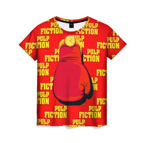 Женская футболка 3D с принтом Криминальное чтиво в Санкт-Петербурге, 100% полиэфир ( синтетическое хлопкоподобное полотно) | прямой крой, круглый вырез горловины, длина до линии бедер | pulp fiction | бокс | золотые часы | перчатка