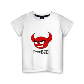 Детская футболка хлопок с принтом FreeBSD демон в Санкт-Петербурге, 100% хлопок | круглый вырез горловины, полуприлегающий силуэт, длина до линии бедер | Тематика изображения на принте: bsd | demon | freebsd | os | unix | демон | злой | ос | чёртик