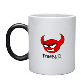 Кружка хамелеон с принтом FreeBSD демон в Санкт-Петербурге, керамика | меняет цвет при нагревании, емкость 330 мл | Тематика изображения на принте: bsd | demon | freebsd | os | unix | демон | злой | ос | чёртик