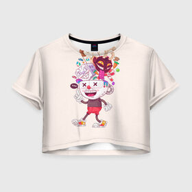 Женская футболка 3D укороченная с принтом Чашкоголовый в Санкт-Петербурге, 100% полиэстер | круглая горловина, длина футболки до линии талии, рукава с отворотами | cuphead | run and gun | капхед | капхэд | чашка