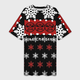 Платье-футболка 3D с принтом Праздничный Iron Maiden в Санкт-Петербурге,  |  | iron maiden | адриан смит | айрон мейден | г | группа | дэйв мюррей | железная дева | знак | ирон майден | красный | метал | мрачный | музыка | надпись | новогодний | новый год | песни | праздник | рождество
