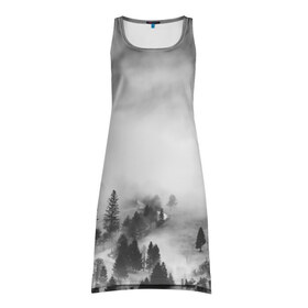 Платье-майка 3D с принтом Туманный лес в Санкт-Петербурге, 100% полиэстер | полуприлегающий силуэт, широкие бретели, круглый вырез горловины, удлиненный подол сзади. | бор | деревья | дым | елки | лес | природа | туман | чб | черно белое