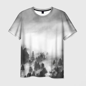 Мужская футболка 3D с принтом Туманный лес в Санкт-Петербурге, 100% полиэфир | прямой крой, круглый вырез горловины, длина до линии бедер | Тематика изображения на принте: бор | деревья | дым | елки | лес | природа | туман | чб | черно белое