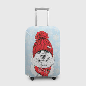 Чехол для чемодана 3D с принтом Собачка в шапочке в Санкт-Петербурге, 86% полиэфир, 14% спандекс | двустороннее нанесение принта, прорези для ручек и колес | зима | новый год | подарок | рождество | собака