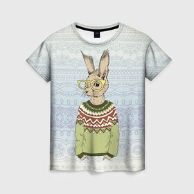Женская футболка 3D с принтом Кролик хипстер в Санкт-Петербурге, 100% полиэфир ( синтетическое хлопкоподобное полотно) | прямой крой, круглый вырез горловины, длина до линии бедер | зима | кролик | новый год | подарок | рождество