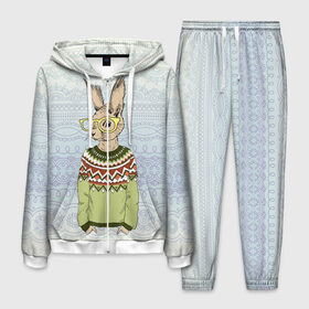 Мужской костюм 3D с принтом Кролик хипстер в Санкт-Петербурге, 100% полиэстер | Манжеты и пояс оформлены тканевой резинкой, двухслойный капюшон со шнурком для регулировки, карманы спереди | зима | кролик | новый год | подарок | рождество