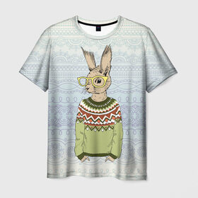 Мужская футболка 3D с принтом Кролик хипстер в Санкт-Петербурге, 100% полиэфир | прямой крой, круглый вырез горловины, длина до линии бедер | зима | кролик | новый год | подарок | рождество