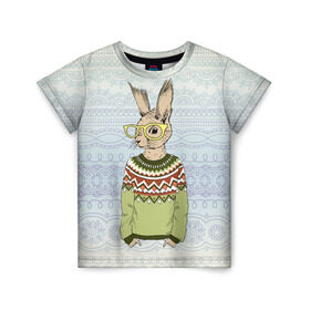 Детская футболка 3D с принтом Кролик хипстер в Санкт-Петербурге, 100% гипоаллергенный полиэфир | прямой крой, круглый вырез горловины, длина до линии бедер, чуть спущенное плечо, ткань немного тянется | зима | кролик | новый год | подарок | рождество