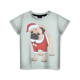 Детская футболка 3D с принтом Мопс Санта Клаус в Санкт-Петербурге, 100% гипоаллергенный полиэфир | прямой крой, круглый вырез горловины, длина до линии бедер, чуть спущенное плечо, ткань немного тянется | Тематика изображения на принте: зима | новый год | подарок | рождество