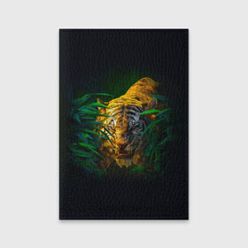 Обложка для паспорта матовая кожа с принтом Тигр в джунглях в Санкт-Петербурге, натуральная матовая кожа | размер 19,3 х 13,7 см; прозрачные пластиковые крепления | Тематика изображения на принте: 