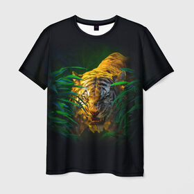 Мужская футболка 3D с принтом Тигр в джунглях в Санкт-Петербурге, 100% полиэфир | прямой крой, круглый вырез горловины, длина до линии бедер | 