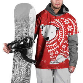 Накидка на куртку 3D с принтом Белый медведь в свитере в Санкт-Петербурге, 100% полиэстер |  | red | snow | snowflakes | stars | sweater | white bear | winter | белый медведь | звезды | зима | красный | снег | снежинки