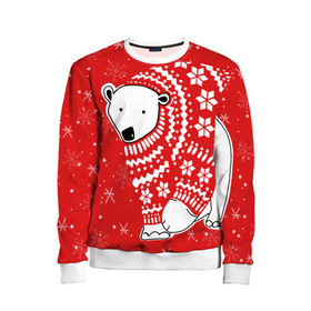 Детский свитшот 3D с принтом Белый медведь в свитере в Санкт-Петербурге, 100% полиэстер | свободная посадка, прямой крой, мягкая тканевая резинка на рукавах и понизу свитшота | red | snow | snowflakes | stars | sweater | white bear | winter | белый медведь | звезды | зима | красный | снег | снежинки