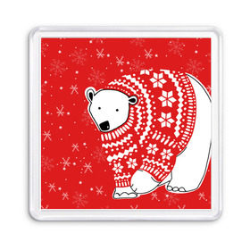 Магнит 55*55 с принтом Белый медведь в свитере в Санкт-Петербурге, Пластик | Размер: 65*65 мм; Размер печати: 55*55 мм | Тематика изображения на принте: red | snow | snowflakes | stars | sweater | white bear | winter | белый медведь | звезды | зима | красный | снег | снежинки