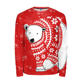 Мужской лонгслив 3D с принтом Белый медведь в свитере в Санкт-Петербурге, 100% полиэстер | длинные рукава, круглый вырез горловины, полуприлегающий силуэт | red | snow | snowflakes | stars | sweater | white bear | winter | белый медведь | звезды | зима | красный | снег | снежинки