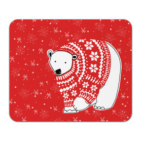 Коврик прямоугольный с принтом Белый медведь в свитере в Санкт-Петербурге, натуральный каучук | размер 230 х 185 мм; запечатка лицевой стороны | Тематика изображения на принте: red | snow | snowflakes | stars | sweater | white bear | winter | белый медведь | звезды | зима | красный | снег | снежинки