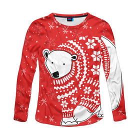 Женский лонгслив 3D с принтом Белый медведь в свитере в Санкт-Петербурге, 100% полиэстер | длинные рукава, круглый вырез горловины, полуприлегающий силуэт | red | snow | snowflakes | stars | sweater | white bear | winter | белый медведь | звезды | зима | красный | снег | снежинки