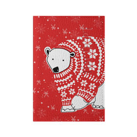 Обложка для паспорта матовая кожа с принтом Белый медведь в свитере в Санкт-Петербурге, натуральная матовая кожа | размер 19,3 х 13,7 см; прозрачные пластиковые крепления | Тематика изображения на принте: red | snow | snowflakes | stars | sweater | white bear | winter | белый медведь | звезды | зима | красный | снег | снежинки