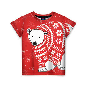 Детская футболка 3D с принтом Белый медведь в свитере в Санкт-Петербурге, 100% гипоаллергенный полиэфир | прямой крой, круглый вырез горловины, длина до линии бедер, чуть спущенное плечо, ткань немного тянется | red | snow | snowflakes | stars | sweater | white bear | winter | белый медведь | звезды | зима | красный | снег | снежинки