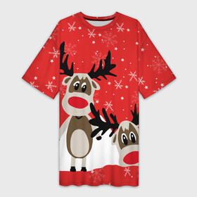 Платье-футболка 3D с принтом Олени в Санкт-Петербурге,  |  | animals | background | deer | mountains | red | snow | snowflakes | stars | winter | горы | животные | звезды | зима | красный фон | олени | снег | снежинки