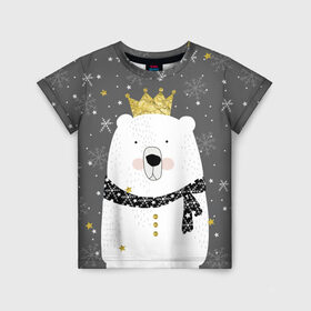 Детская футболка 3D с принтом Белый медведь в короне в Санкт-Петербурге, 100% гипоаллергенный полиэфир | прямой крой, круглый вырез горловины, длина до линии бедер, чуть спущенное плечо, ткань немного тянется | animal | bear | crown | gold | mountains | scarf | snow | snowflakes | stars | white | winter | белый | горы | животные | звезды | зима | золотая | корона | медведь | снег | снежинки | шарф