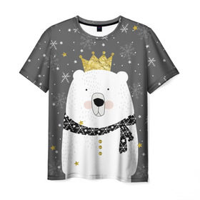 Мужская футболка 3D с принтом Белый медведь в короне в Санкт-Петербурге, 100% полиэфир | прямой крой, круглый вырез горловины, длина до линии бедер | animal | bear | crown | gold | mountains | scarf | snow | snowflakes | stars | white | winter | белый | горы | животные | звезды | зима | золотая | корона | медведь | снег | снежинки | шарф