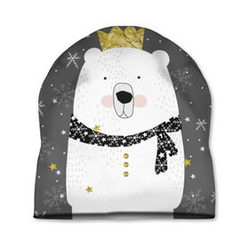 Шапка 3D с принтом Белый медведь в короне в Санкт-Петербурге, 100% полиэстер | универсальный размер, печать по всей поверхности изделия | animal | bear | crown | gold | mountains | scarf | snow | snowflakes | stars | white | winter | белый | горы | животные | звезды | зима | золотая | корона | медведь | снег | снежинки | шарф