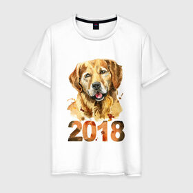 Мужская футболка хлопок с принтом Собака 2018 в Санкт-Петербурге, 100% хлопок | прямой крой, круглый вырез горловины, длина до линии бедер, слегка спущенное плечо. | зима | новый год | подарок | рождество | собака