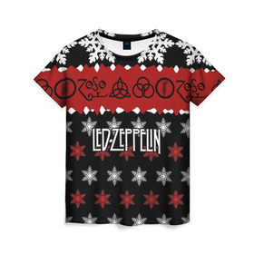 Женская футболка 3D с принтом Праздничный Led Zeppelin в Санкт-Петербурге, 100% полиэфир ( синтетическое хлопкоподобное полотно) | прямой крой, круглый вырез горловины, длина до линии бедер | led zeppelin | блюз | группа | джимми пейдж | джон генри бонэм | джон пол джонс | знак | красный | лед зепелен | лед зеппелин | метал | надпись | новогодний | новый год | праздник | роберт плант | рождество