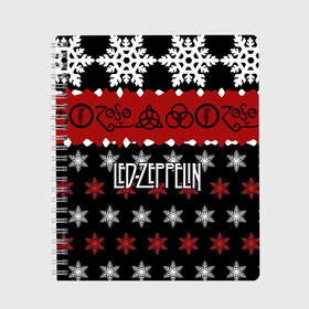 Тетрадь с принтом Праздничный Led Zeppelin в Санкт-Петербурге, 100% бумага | 48 листов, плотность листов — 60 г/м2, плотность картонной обложки — 250 г/м2. Листы скреплены сбоку удобной пружинной спиралью. Уголки страниц и обложки скругленные. Цвет линий — светло-серый
 | led zeppelin | блюз | группа | джимми пейдж | джон генри бонэм | джон пол джонс | знак | красный | лед зепелен | лед зеппелин | метал | надпись | новогодний | новый год | праздник | роберт плант | рождество