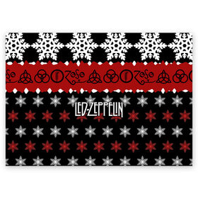Поздравительная открытка с принтом Праздничный Led Zeppelin в Санкт-Петербурге, 100% бумага | плотность бумаги 280 г/м2, матовая, на обратной стороне линовка и место для марки
 | Тематика изображения на принте: led zeppelin | блюз | группа | джимми пейдж | джон генри бонэм | джон пол джонс | знак | красный | лед зепелен | лед зеппелин | метал | надпись | новогодний | новый год | праздник | роберт плант | рождество