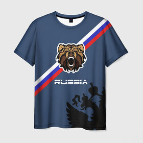 Мужская футболка 3D с принтом Russia медведь в Санкт-Петербурге, 100% полиэфир | прямой крой, круглый вырез горловины, длина до линии бедер | russia | белый синий красный | герб | патриот | российская федерация | российский | россия | русский | рф | триколор | флаг