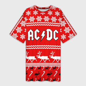 Платье-футболка 3D с принтом Праздничный AC DC в Санкт-Петербурге,  |  | Тематика изображения на принте: ac dc | acdc |   снежинки | ангус янг | ас дс | асдс | крис слэйд | новогодний | новый год | рождество | стиви янг | эксл роуз