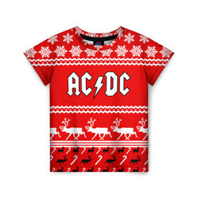 Детская футболка 3D с принтом Праздничный AC/DC в Санкт-Петербурге, 100% гипоаллергенный полиэфир | прямой крой, круглый вырез горловины, длина до линии бедер, чуть спущенное плечо, ткань немного тянется | ac dc | acdc |   снежинки | ангус янг | ас дс | асдс | крис слэйд | новогодний | новый год | рождество | стиви янг | эксл роуз