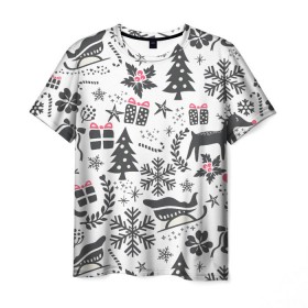 Мужская футболка 3D с принтом Дуx рождества в Санкт-Петербурге, 100% полиэфир | прямой крой, круглый вырез горловины, длина до линии бедер | год | елка | зима | колокольчик  | новый | олень | подарки | праздник | сани | снег | снежинки | узор