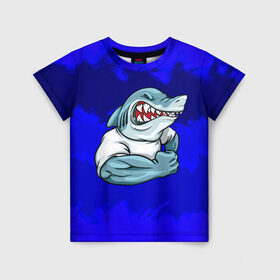 Детская футболка 3D с принтом aggressive shark в Санкт-Петербурге, 100% гипоаллергенный полиэфир | прямой крой, круглый вырез горловины, длина до линии бедер, чуть спущенное плечо, ткань немного тянется | абстракция | акула | краски | синий | темносиний