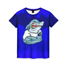 Женская футболка 3D с принтом aggressive shark в Санкт-Петербурге, 100% полиэфир ( синтетическое хлопкоподобное полотно) | прямой крой, круглый вырез горловины, длина до линии бедер | абстракция | акула | краски | синий | темносиний