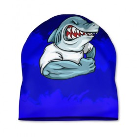 Шапка 3D с принтом aggressive shark в Санкт-Петербурге, 100% полиэстер | универсальный размер, печать по всей поверхности изделия | абстракция | акула | краски | синий | темносиний