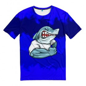 Мужская футболка 3D с принтом aggressive shark в Санкт-Петербурге, 100% полиэфир | прямой крой, круглый вырез горловины, длина до линии бедер | абстракция | акула | краски | синий | темносиний