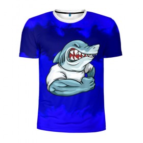 Мужская футболка 3D спортивная с принтом aggressive shark в Санкт-Петербурге, 100% полиэстер с улучшенными характеристиками | приталенный силуэт, круглая горловина, широкие плечи, сужается к линии бедра | абстракция | акула | краски | синий | темносиний
